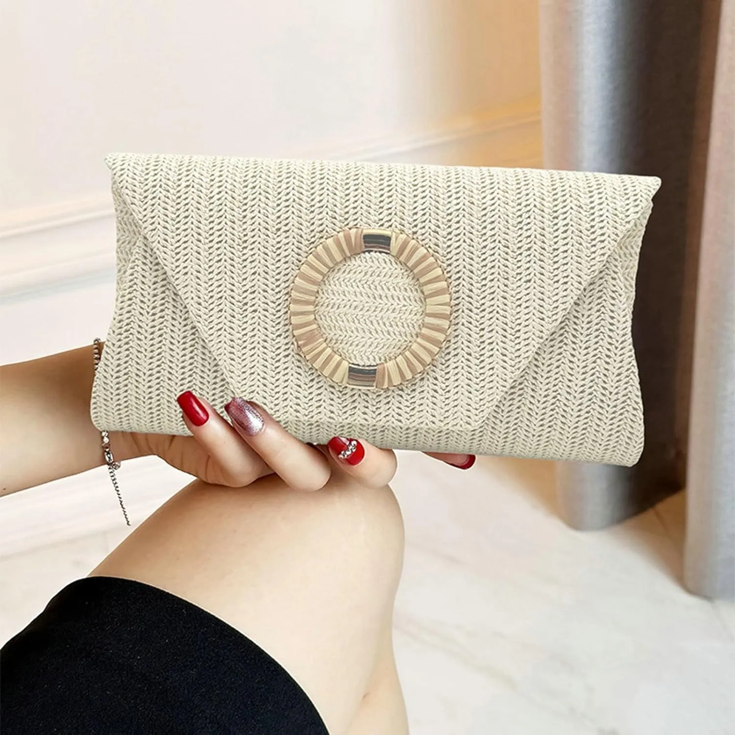 2025 Woven Straw Clutch Elegant Flap Envelope Bag Chain Crossbody Evening Purse Beach Wedding Handbag