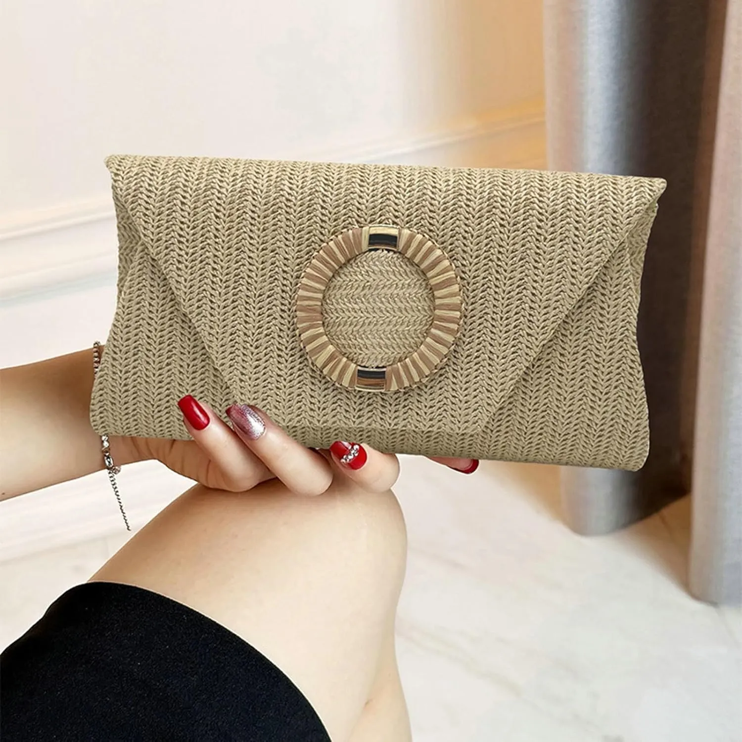 2025 Woven Straw Clutch Elegant Flap Envelope Bag Chain Crossbody Evening Purse Beach Wedding Handbag