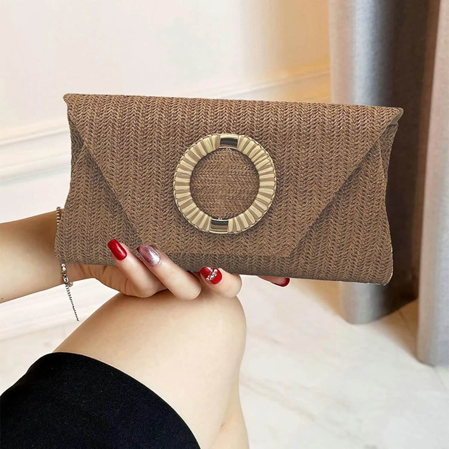2025 Woven Straw Clutch Elegant Flap Envelope Bag Chain Crossbody Evening Purse Beach Wedding Handbag