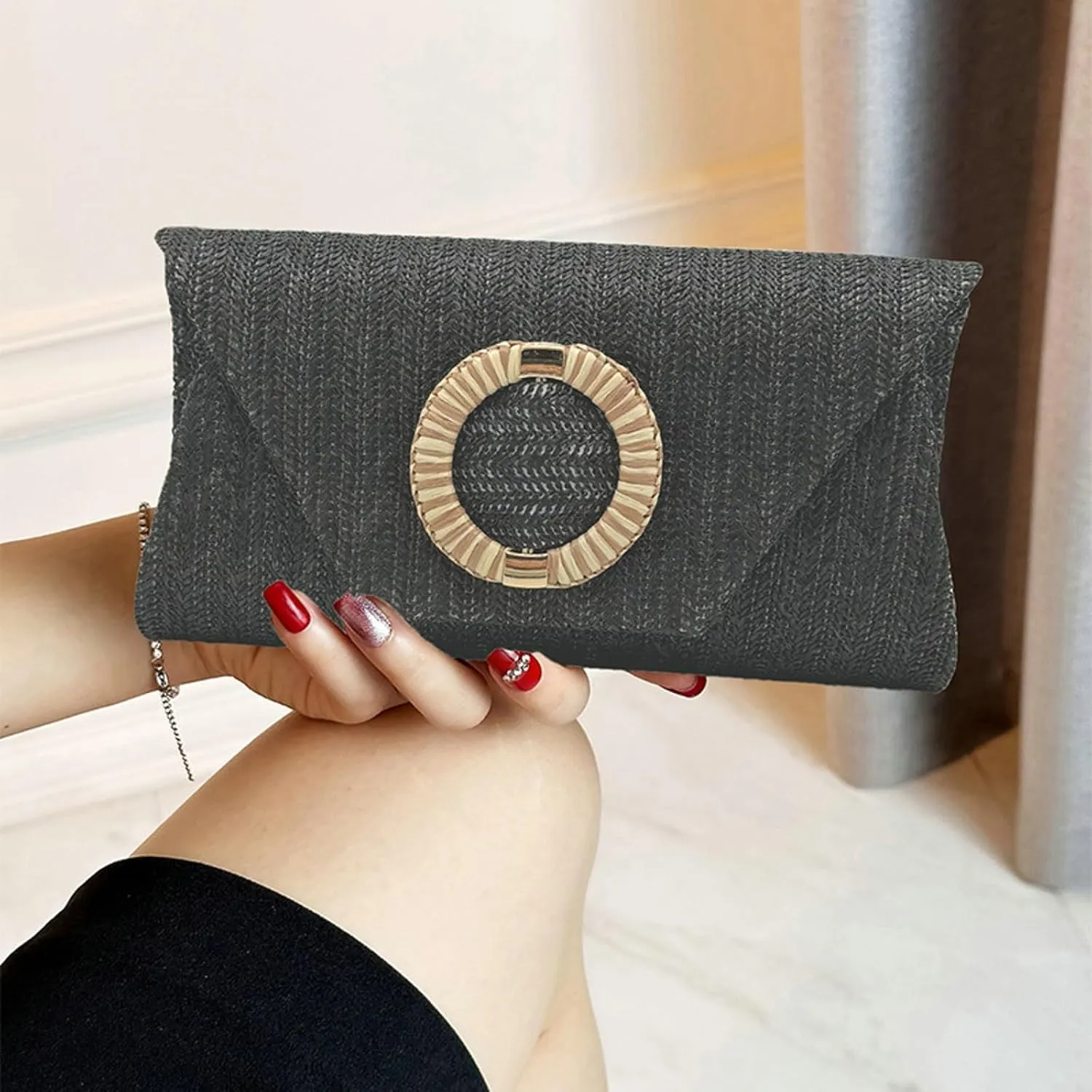 2025 Woven Straw Clutch Elegant Flap Envelope Bag Chain Crossbody Evening Purse Beach Wedding Handbag