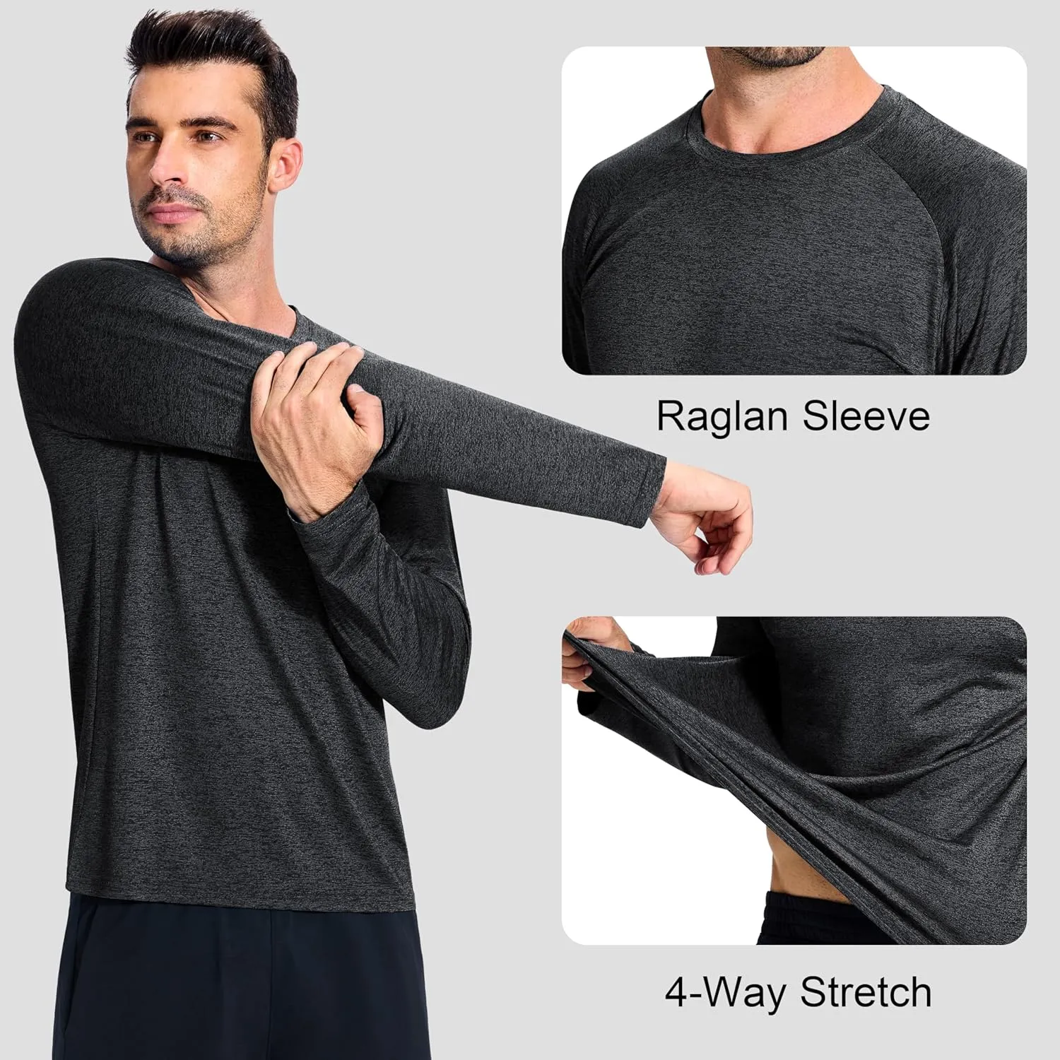 3 Pack Men's Dry Fit Quick Dry Long Sleeve Shirts -Performance Workout Running Gym Sun Protection Crew Tees Tshirts