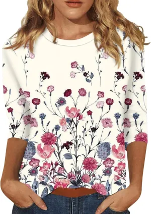 3/4 Length Sleeve Shirts for Women Floral Print Tees Blouses Crewneck Loose Casual Plus Size Tops T Shirts