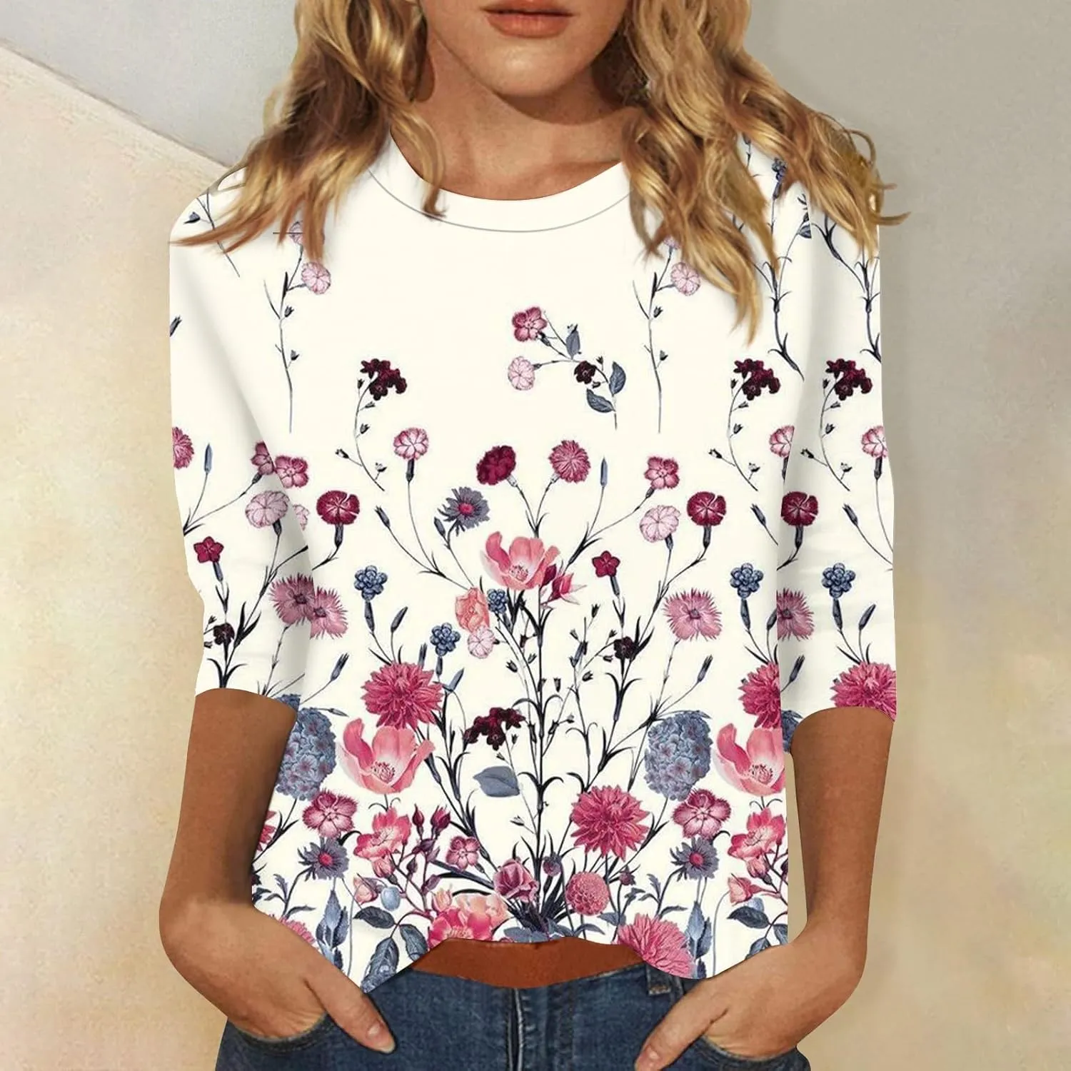 3/4 Length Sleeve Shirts for Women Floral Print Tees Blouses Crewneck Loose Casual Plus Size Tops T Shirts