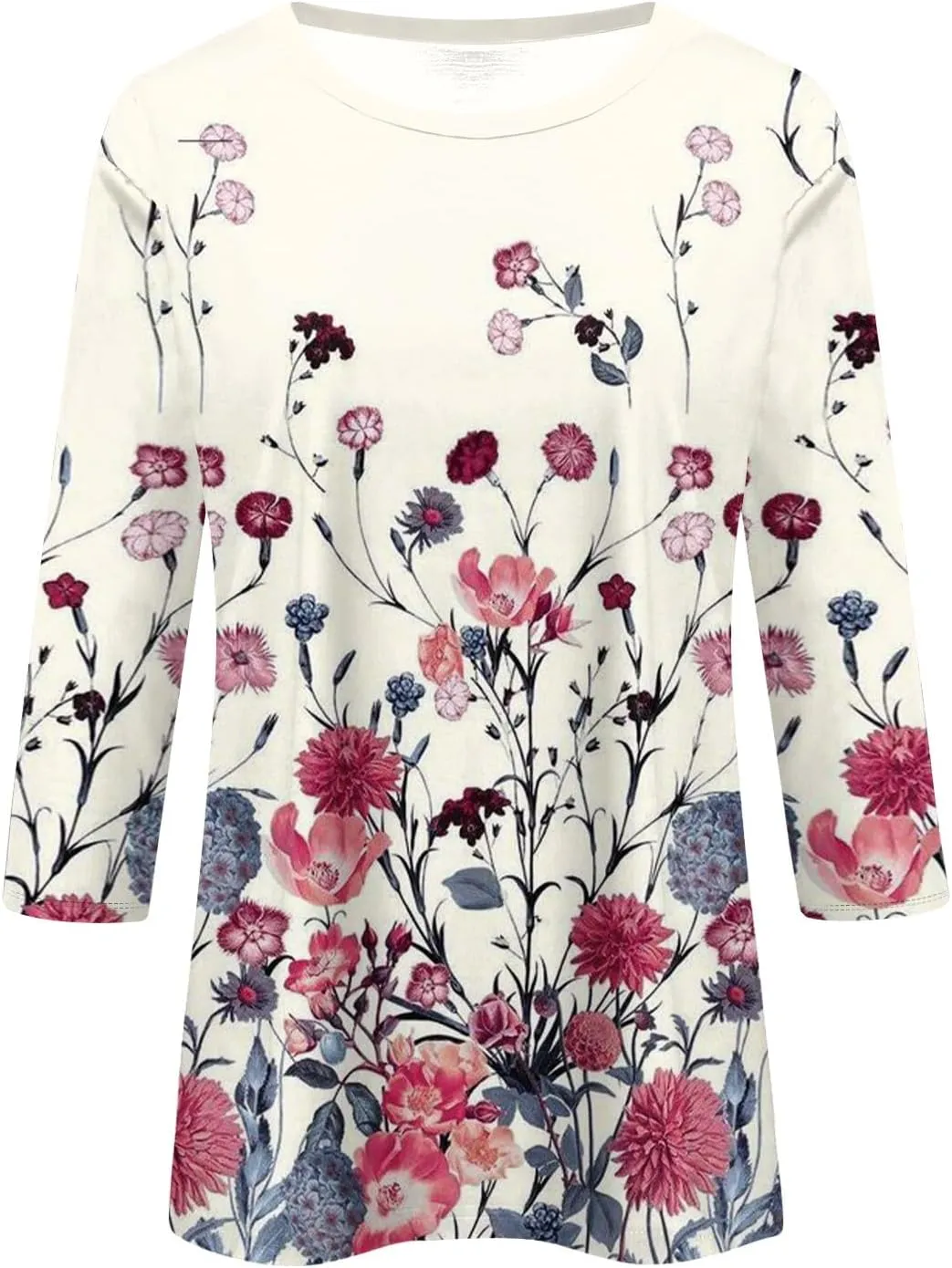 3/4 Length Sleeve Shirts for Women Floral Print Tees Blouses Crewneck Loose Casual Plus Size Tops T Shirts