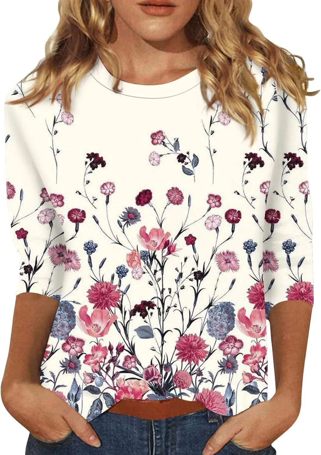 3/4 Length Sleeve Shirts for Women Floral Print Tees Blouses Crewneck Loose Casual Plus Size Tops T Shirts