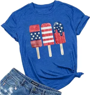 4th of July Shirts Women American Flag Patriotic T-Shirts USA Star Stripes Graphic Tee Tops