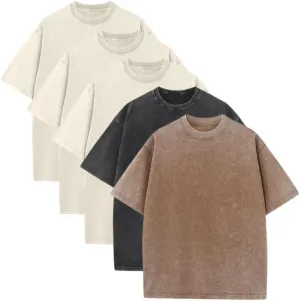 5 Pcs Oversized T-Shirts Heavyweight Cotton Vintage Wash Solid Casual Crew Tee Tops Workout Tshirts for Man Women