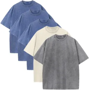 5 Pcs Oversized T-Shirts Heavyweight Cotton Vintage Wash Solid Casual Crew Tee Tops Workout Tshirts for Man Women