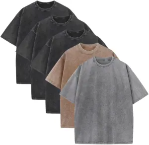5 Pcs Oversized T-Shirts Heavyweight Cotton Vintage Wash Solid Casual Crew Tee Tops Workout Tshirts for Man Women