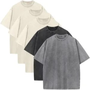 5 Pcs Oversized T-Shirts Heavyweight Cotton Vintage Wash Solid Casual Crew Tee Tops Workout Tshirts for Man Women