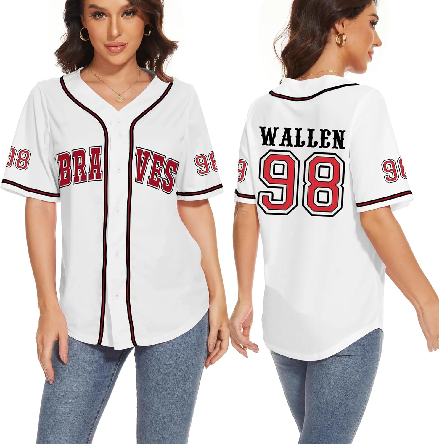 98 Baseball Jersey Women Country Vintage Music Shirts Graphic Fan Tshirt Button Down Short Sleeve Tops