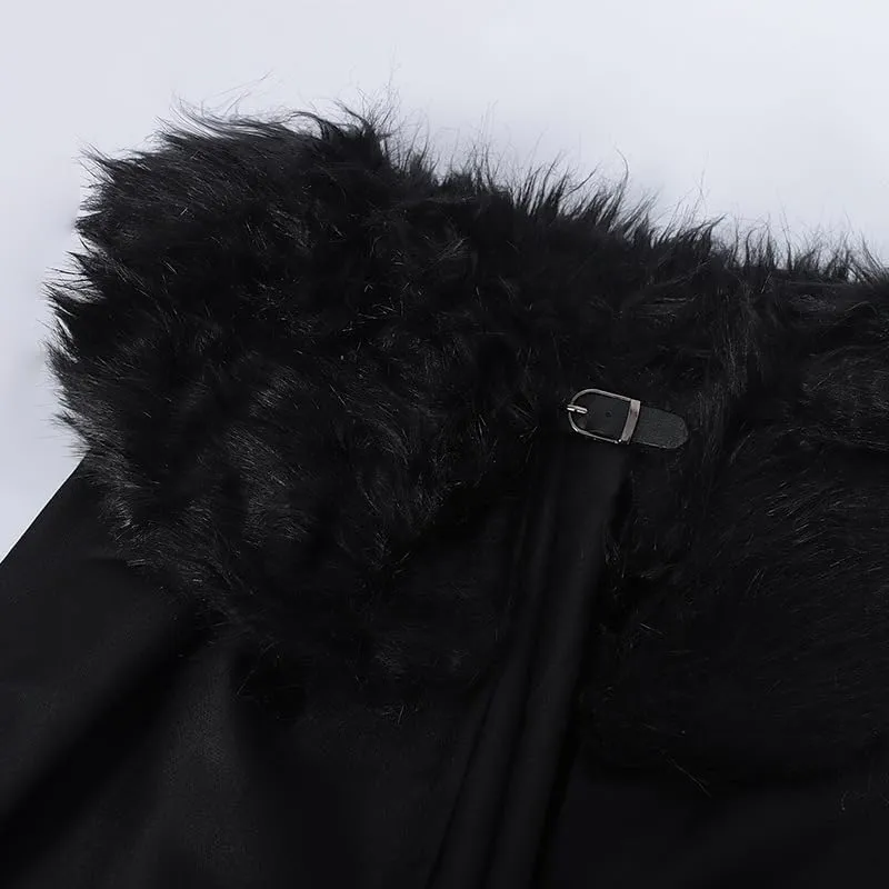 Adult Renaissance Black Hooded Cloak Cape with Fur Medieval VikingsDark Robe