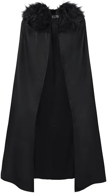 Adult Renaissance Black Hooded Cloak Cape with Fur Medieval VikingsDark Robe