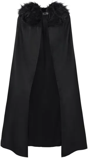 Adult Renaissance Black Hooded Cloak Cape with Fur Medieval VikingsDark Robe