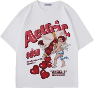 Aelfric Eden Oversized Graphic Tees Women Streetwear Casual Heart Print Angel Cartoon Unisex Summer Tops