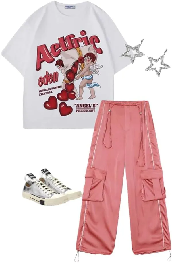 Aelfric Eden Oversized Graphic Tees Women Streetwear Casual Heart Print Angel Cartoon Unisex Summer Tops