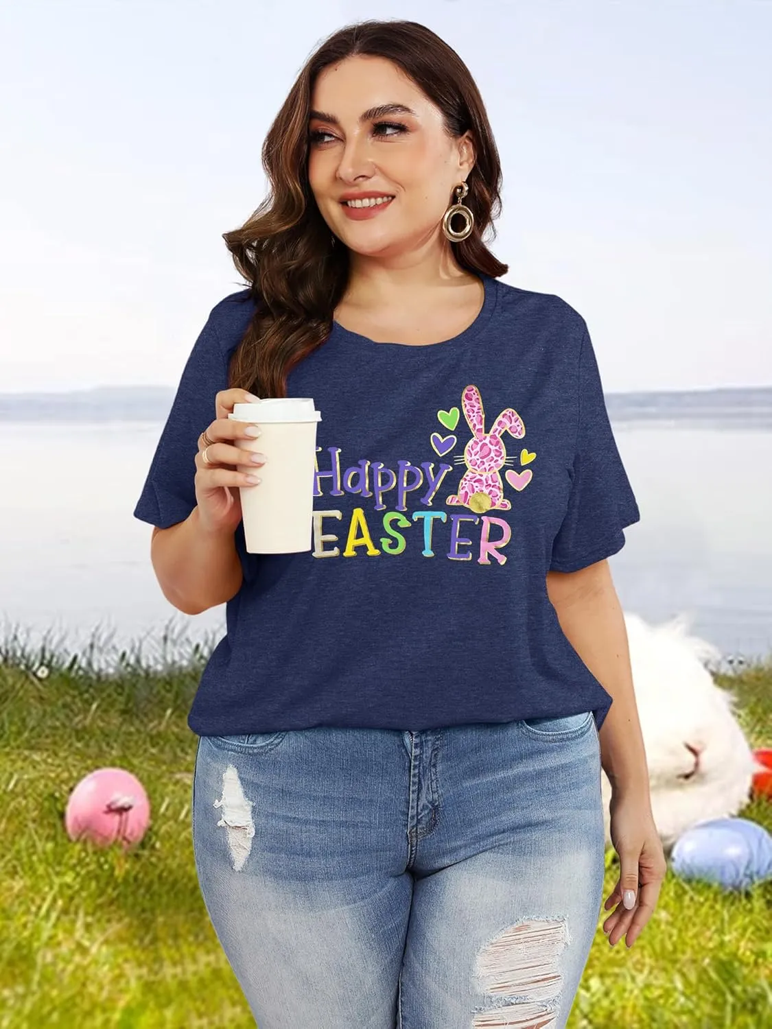Anbech Plus Size Tshirt for Women Crewneck Graphic Tees Summer Outfits Short Sleeve Casual Shirt