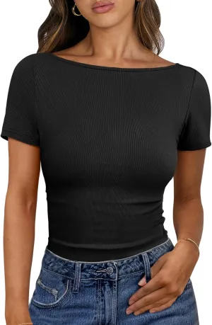 ANRABESS Women Boat Neck Tops Short Sleeve T-Shirts Ribbed Knit Tight Fitted Basic Tees Shirts 2025 Summer Clothes