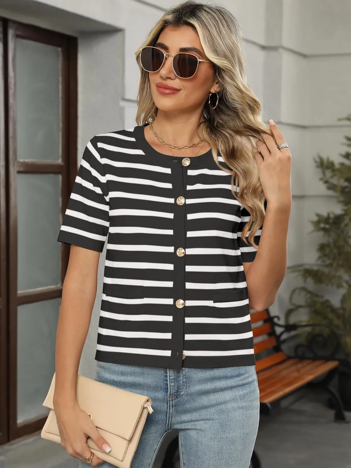 ANRABESS Women's Short Sleeve Cardigan Sweaters Summer Casual Crew Neck Knit Striped Button Down Cropped Dressy Blouses Tops