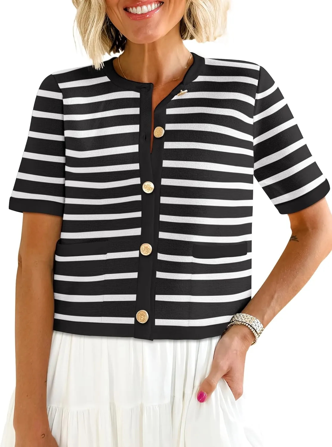 ANRABESS Women's Short Sleeve Cardigan Sweaters Summer Casual Crew Neck Knit Striped Button Down Cropped Dressy Blouses Tops