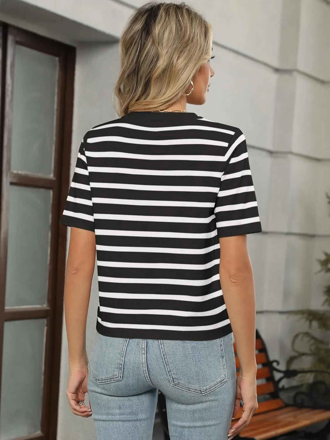 ANRABESS Women's Short Sleeve Cardigan Sweaters Summer Casual Crew Neck Knit Striped Button Down Cropped Dressy Blouses Tops