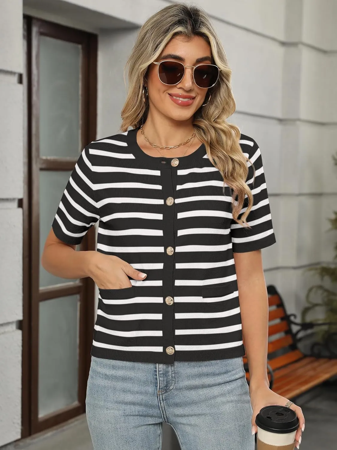 ANRABESS Women's Short Sleeve Cardigan Sweaters Summer Casual Crew Neck Knit Striped Button Down Cropped Dressy Blouses Tops