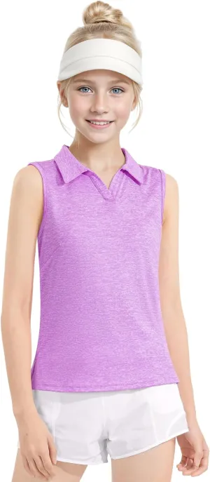 Auranso Girls Sleeveless Polo Shirts V-Neck Golf Tennis T-Shirts with Collared Quick Dry Tank Tops