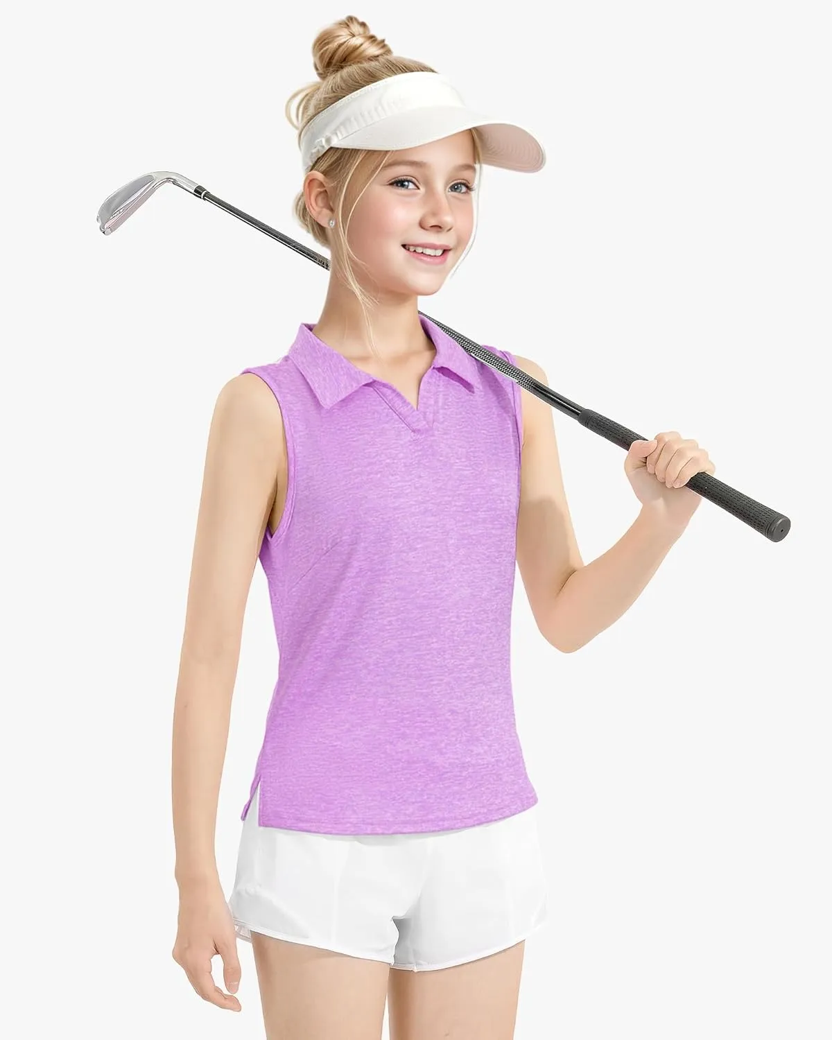 Auranso Girls Sleeveless Polo Shirts V-Neck Golf Tennis T-Shirts with Collared Quick Dry Tank Tops