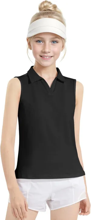 Auranso Girls Sleeveless Polo Shirts V-Neck Golf Tennis T-Shirts with Collared Quick Dry Tank Tops