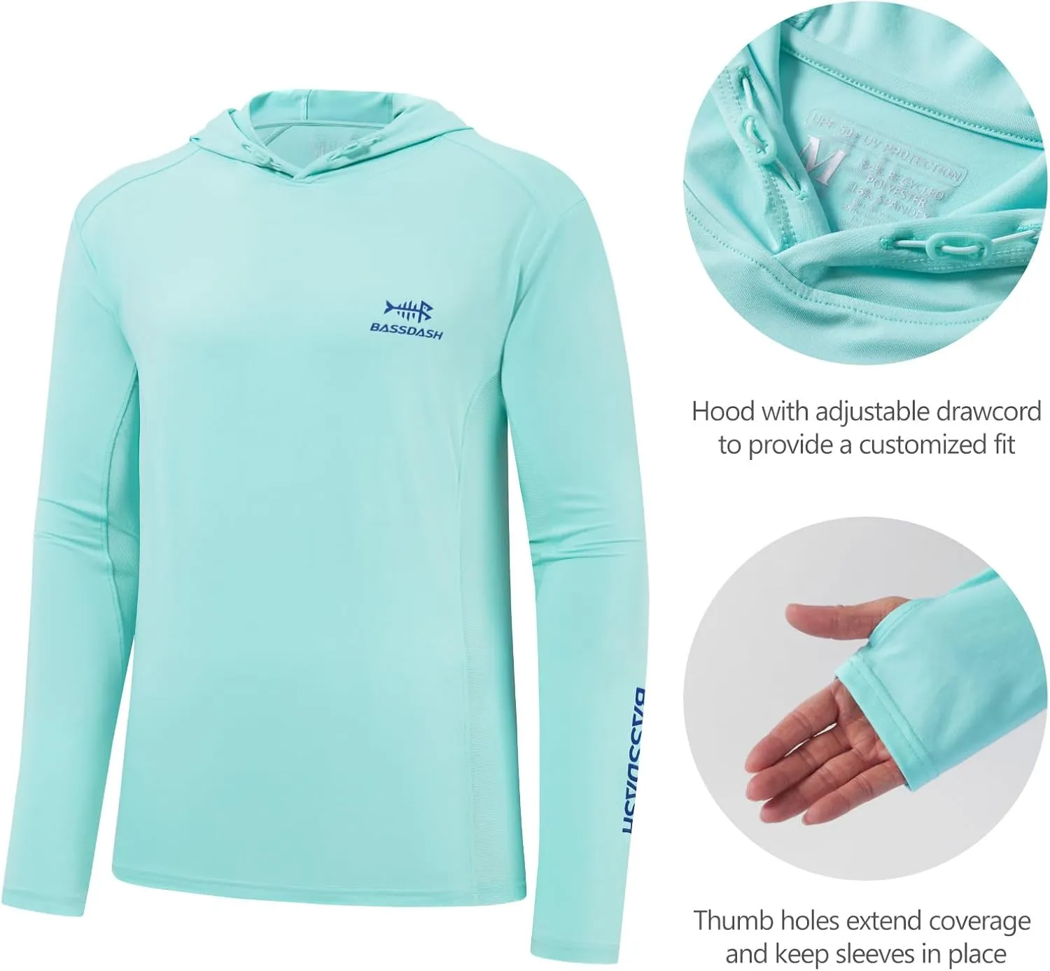 BASSDASH Mens UPF 50  Drawstring Fishing Hoodie Shirts UV Sun Protection Long Sleeve Outdoor Hiking Hooded T-Shirts FS33M