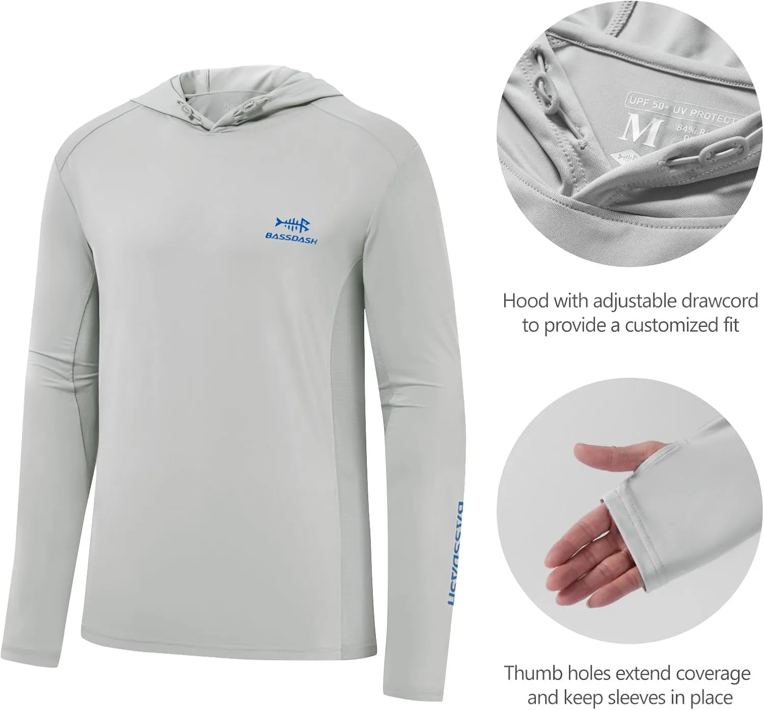 BASSDASH Mens UPF 50  Drawstring Fishing Hoodie Shirts UV Sun Protection Long Sleeve Outdoor Hiking Hooded T-Shirts FS33M