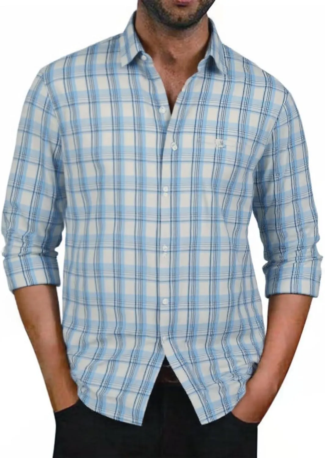 BAYAMO Men's Button-Down Plaid Shirts Casual Long Sleeve Cotton Linen Shirts for Men Fashion Business Shirt