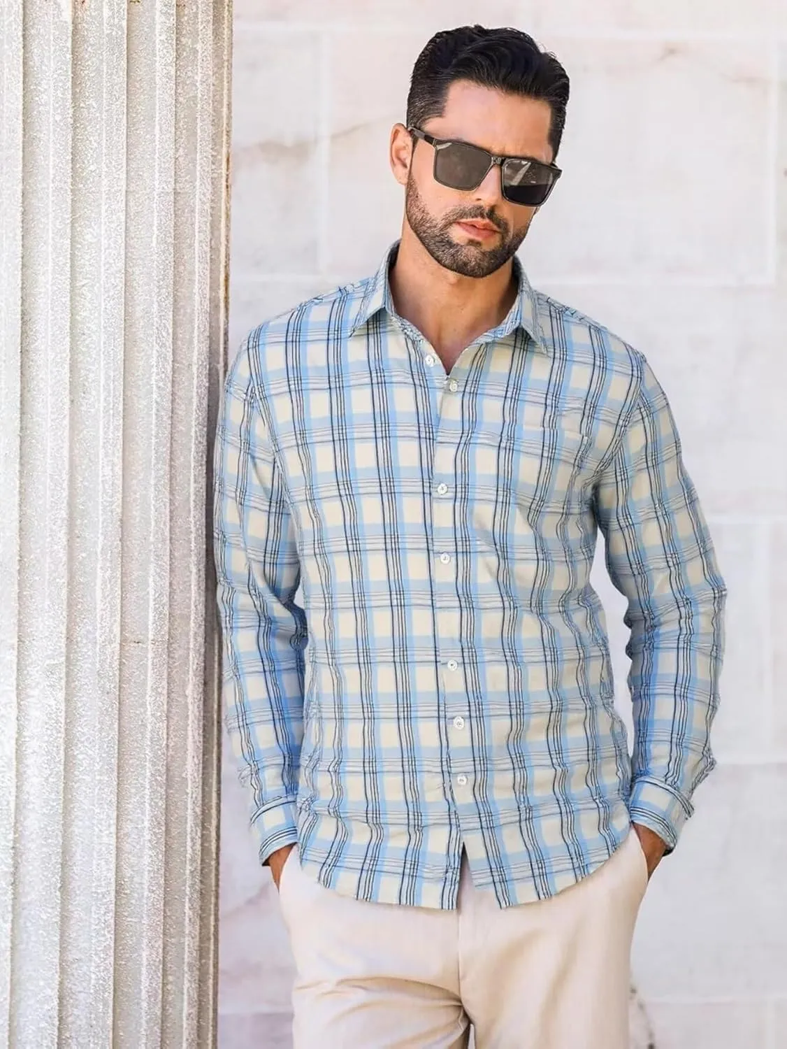 BAYAMO Men's Button-Down Plaid Shirts Casual Long Sleeve Cotton Linen Shirts for Men Fashion Business Shirt