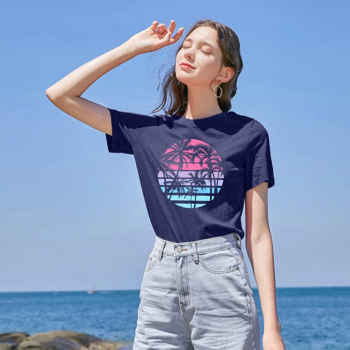 Beach Shirts for Women Coconut Trees Hawaiian Graphic Tshirt Summer Vacation Beach Tees Tops