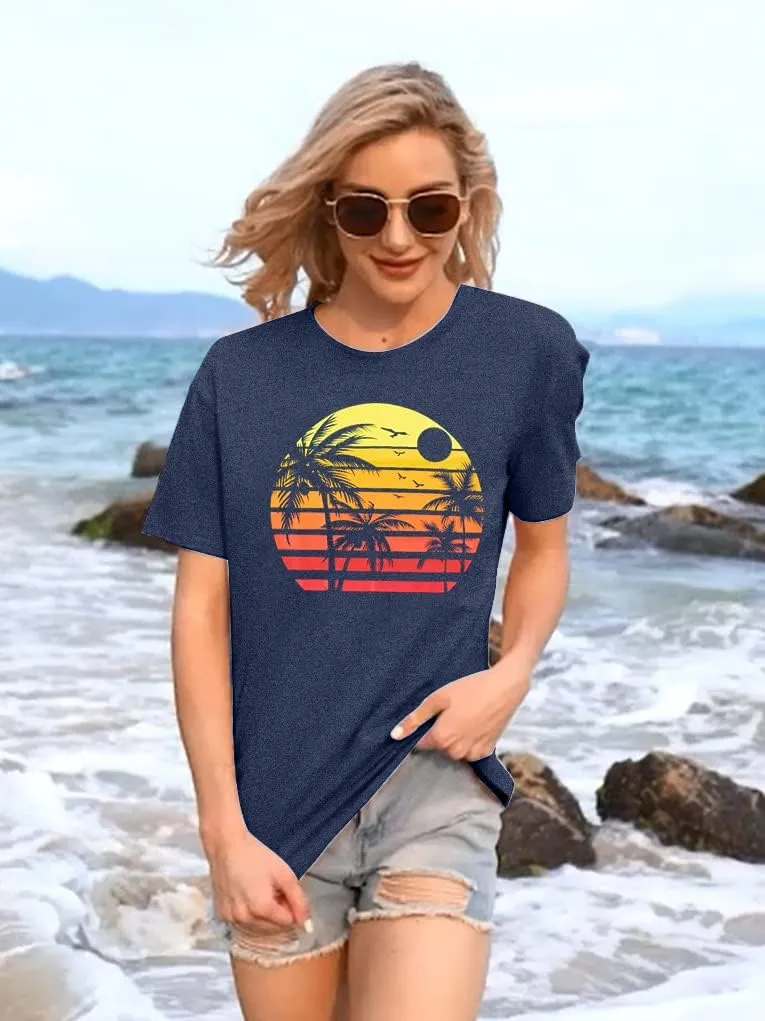 Beach Shirts for Women Coconut Trees Hawaiian Graphic Tshirt Summer Vacation Beach Tees Tops