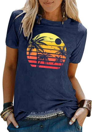 Beach Shirts for Women Coconut Trees Hawaiian Graphic Tshirt Summer Vacation Beach Tees Tops