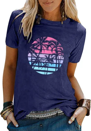 Beach Shirts for Women Coconut Trees Hawaiian Graphic Tshirt Summer Vacation Beach Tees Tops