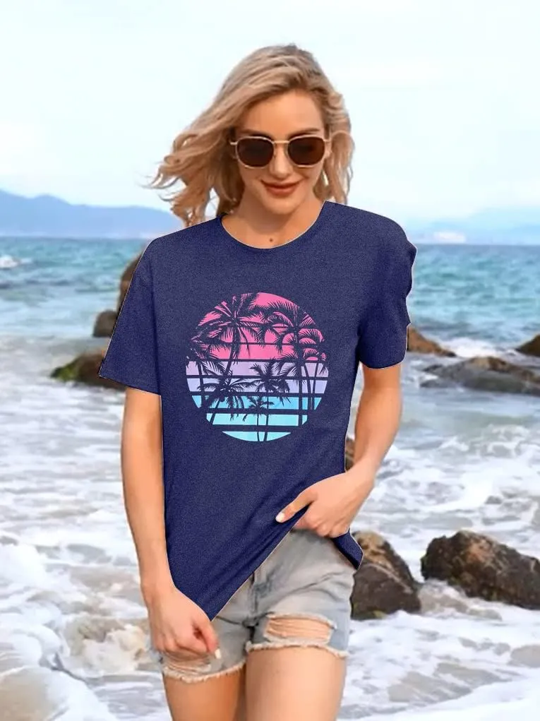 Beach Shirts for Women Coconut Trees Hawaiian Graphic Tshirt Summer Vacation Beach Tees Tops