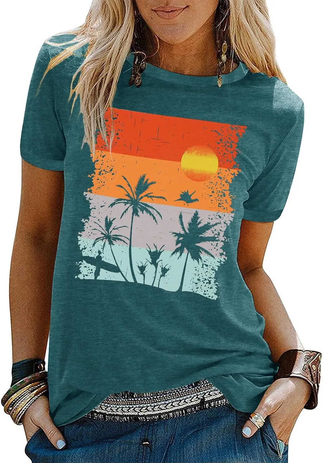 Beach Shirts for Women Hawaiian Graphic Tees Sunshine Summer Vacation Vintage Tshirt Tops