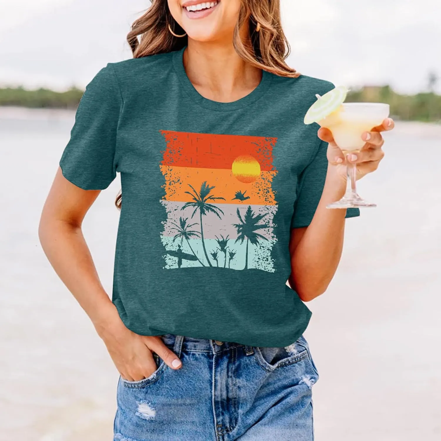 Beach Shirts for Women Hawaiian Graphic Tees Sunshine Summer Vacation Vintage Tshirt Tops