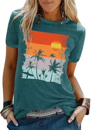 Beach Shirts for Women Hawaiian Graphic Tees Sunshine Summer Vacation Vintage Tshirt Tops