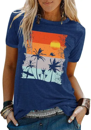 Beach Shirts for Women Hawaiian Graphic Tees Sunshine Summer Vacation Vintage Tshirt Tops