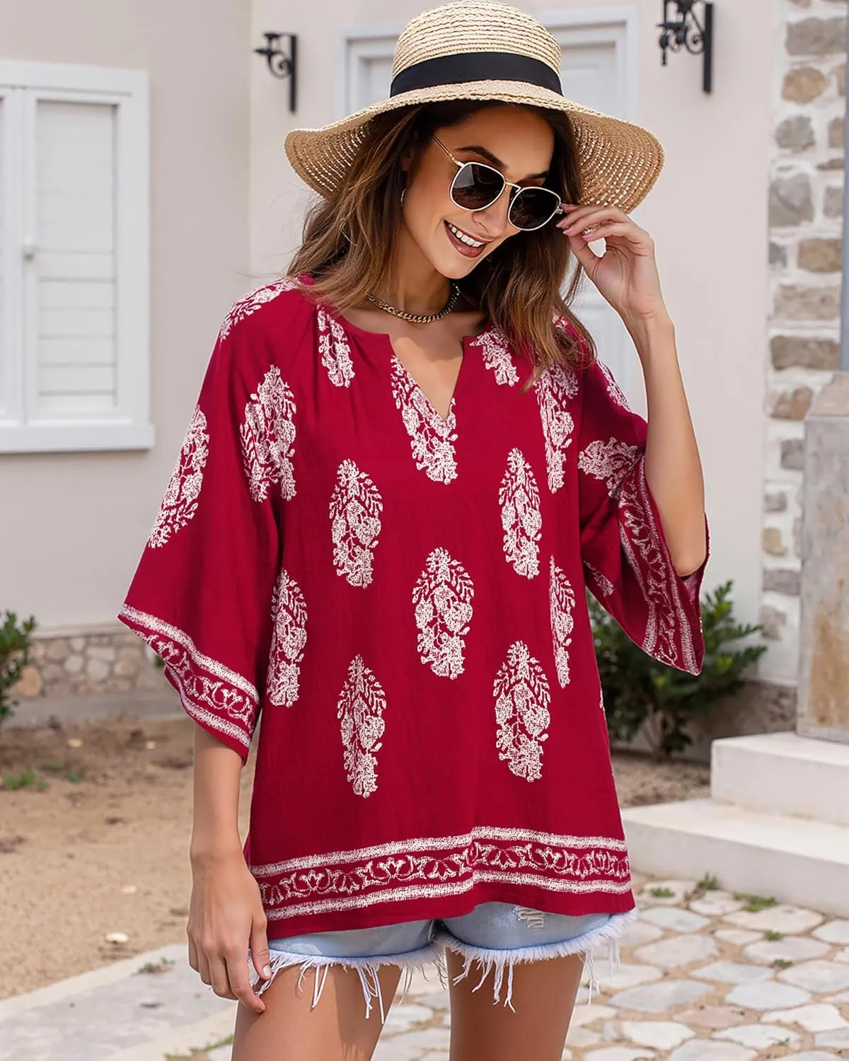 Bebonnie Womens 3/4 Sleeve V Neck Bohemian Peasant Blouses Casual Loose Fit Tunic Tops