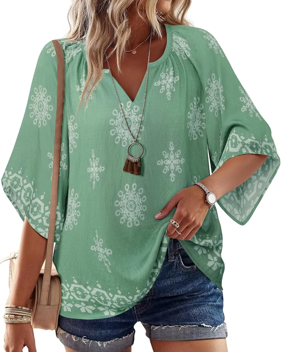 Bebonnie Womens 3/4 Sleeve V Neck Bohemian Peasant Blouses Casual Loose Fit Tunic Tops
