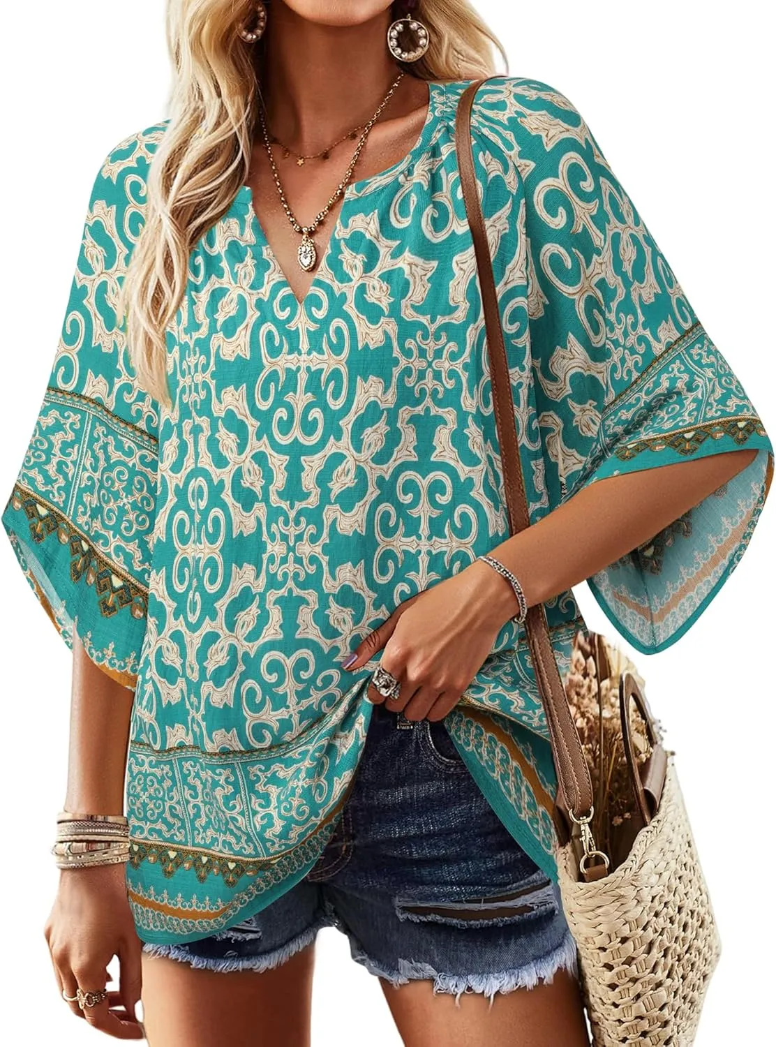 Bebonnie Womens 3/4 Sleeve V Neck Bohemian Peasant Blouses Casual Loose Fit Tunic Tops