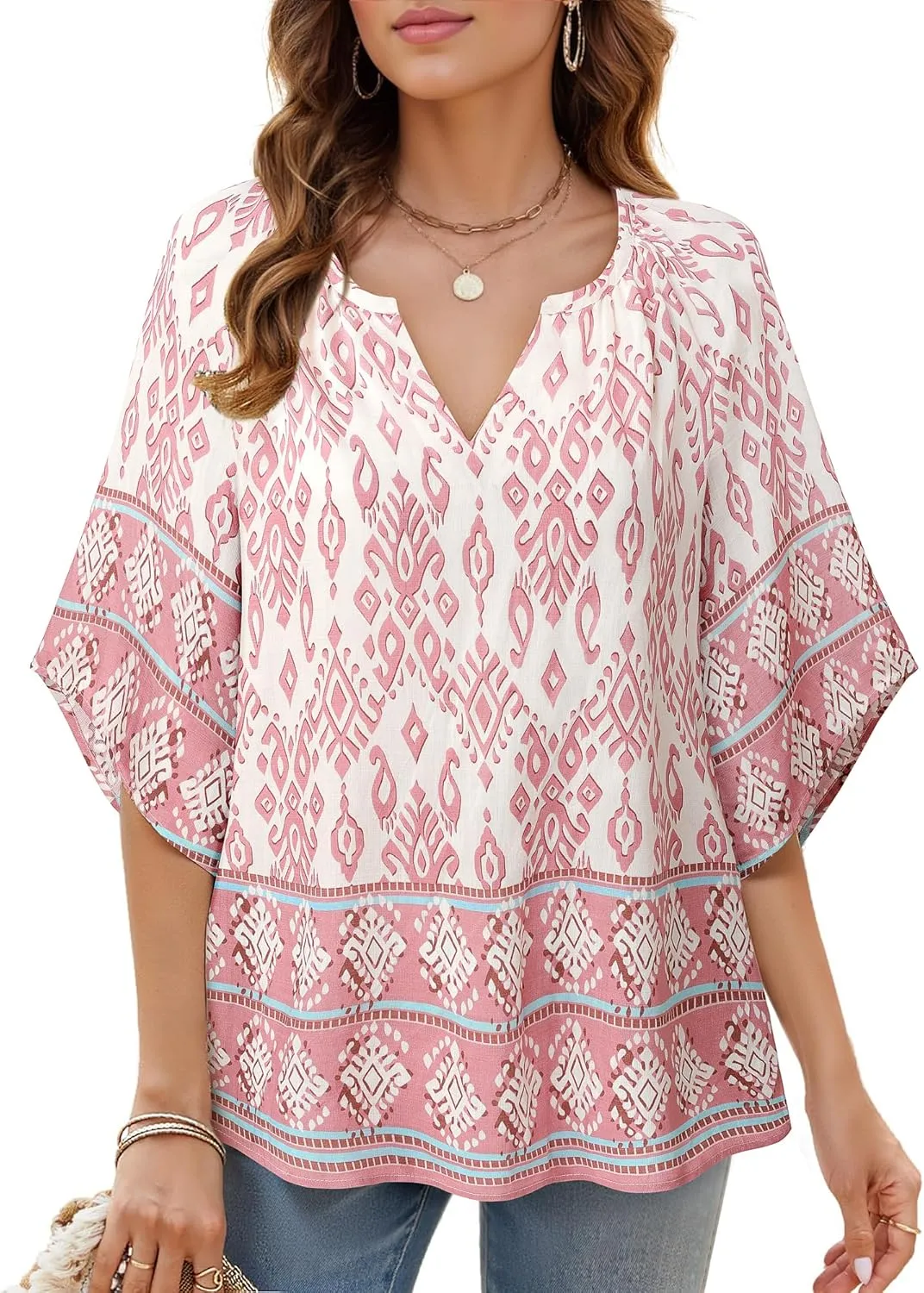 Bebonnie Womens 3/4 Sleeve V Neck Bohemian Peasant Blouses Casual Loose Fit Tunic Tops