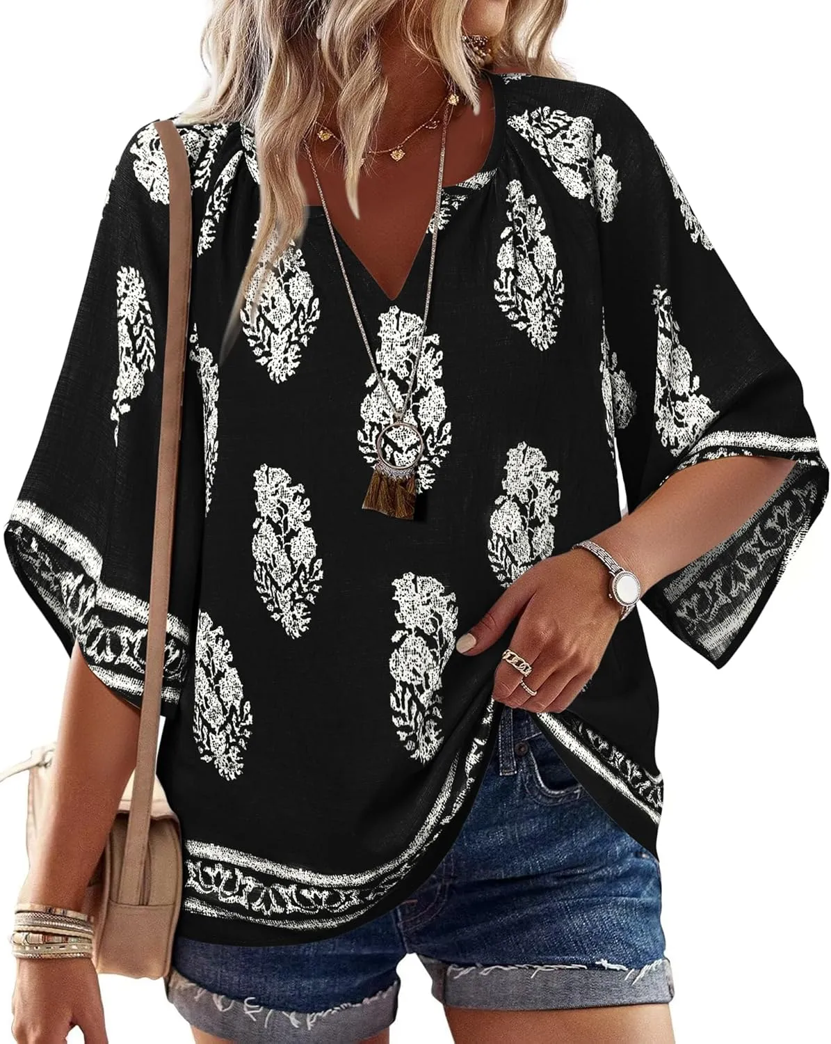 Bebonnie Womens 3/4 Sleeve V Neck Bohemian Peasant Blouses Casual Loose Fit Tunic Tops