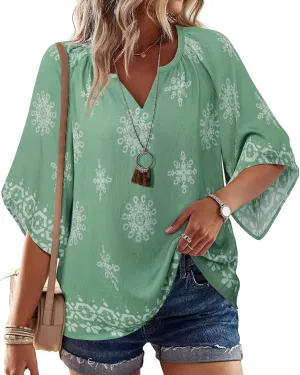 Bebonnie Womens 3/4 Sleeve V Neck Bohemian Peasant Blouses Casual Loose Fit Tunic Tops