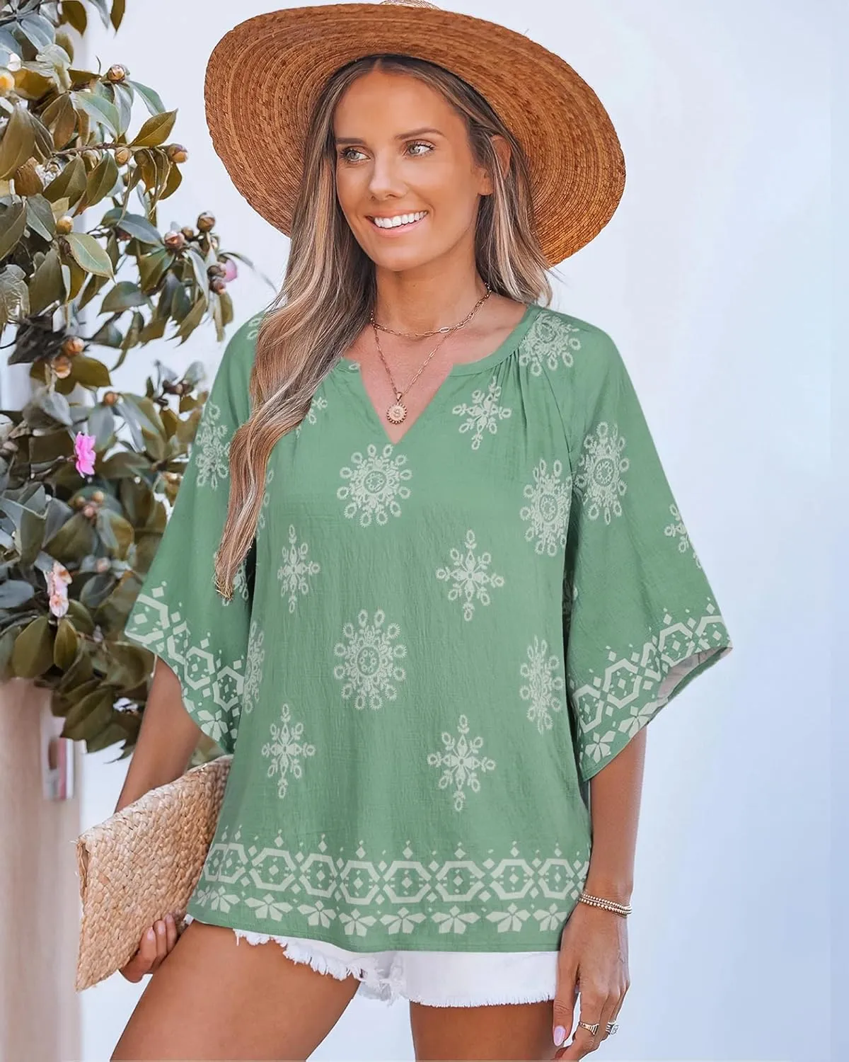 Bebonnie Womens 3/4 Sleeve V Neck Bohemian Peasant Blouses Casual Loose Fit Tunic Tops