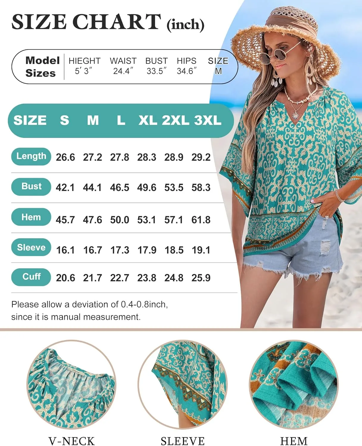 Bebonnie Womens 3/4 Sleeve V Neck Bohemian Peasant Blouses Casual Loose Fit Tunic Tops
